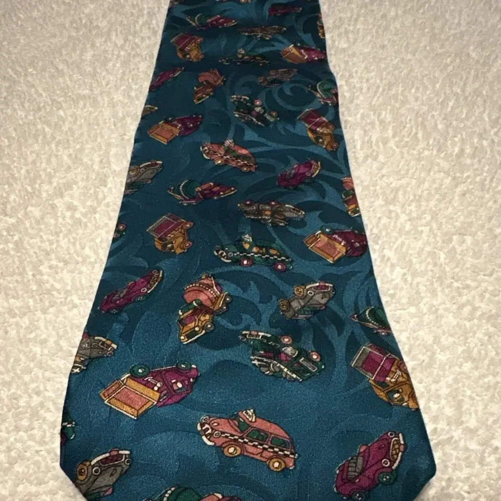 Maga Men’s 100% Silk Woven Pointed Tie, Novelty Cars Print Blue